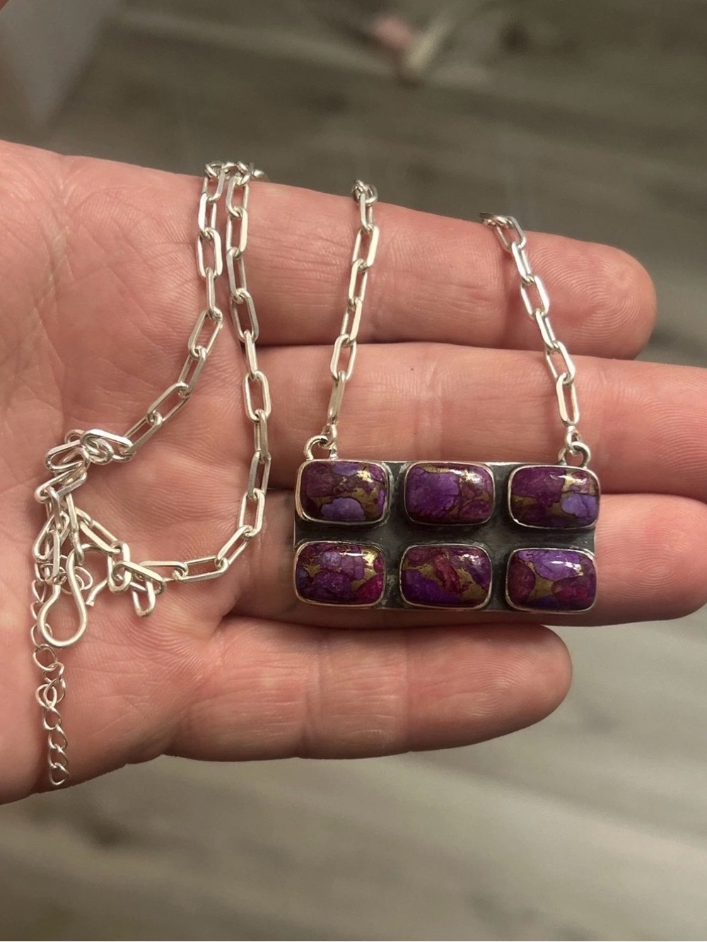 STERLING SILVER NATIVE AMERICAN SW PURPLE MOJAVE TURQUOISE BAR NECKLACE .925